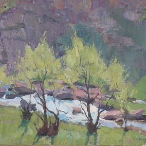Pintura de paisagem Impressionismo Paisagem de primavera Pintura a óleo antiga Arte soviética original Artista ucraniano Sokolovsky G.G.