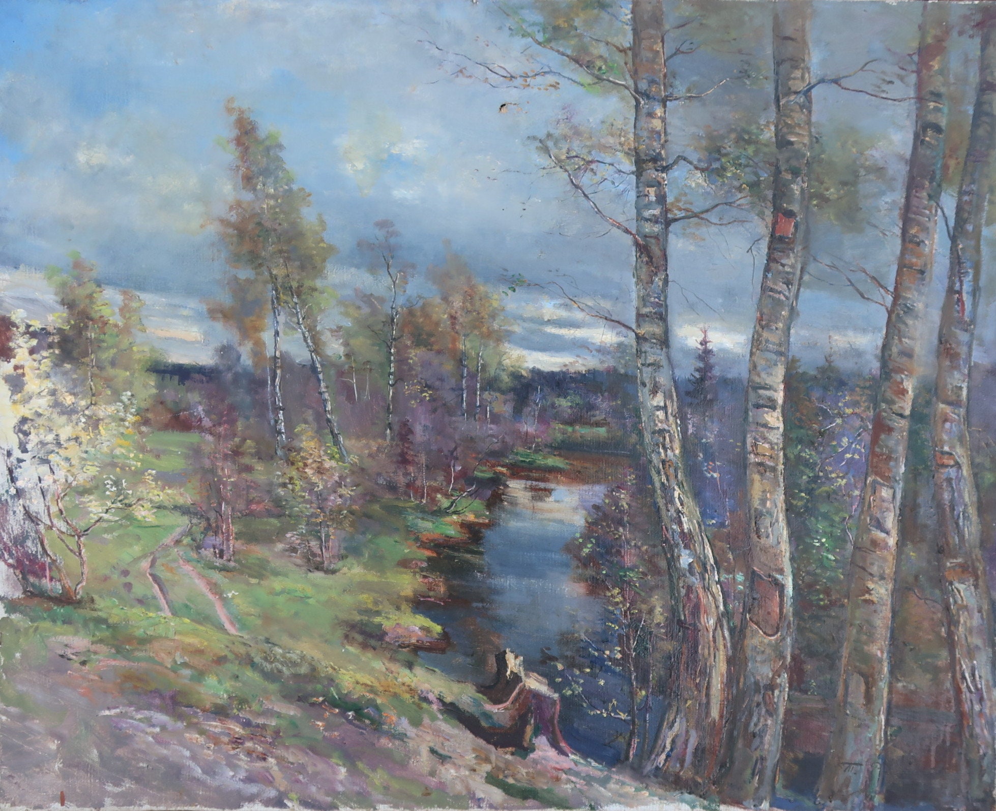 アンティーク絵画油彩アメリカ森林と川風景画Antiqueヴィンテージ
