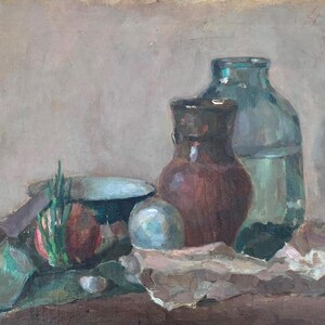 食べ物のある静物画 アンティーク油絵 オリジナルソビエト美術