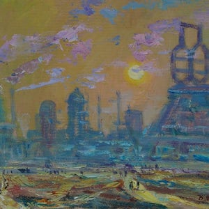 paisagem industrial de construção Antiga da pintura a óleo original realismo Socialista Soviético arte ucraniana artista Mishurovsky V. V.