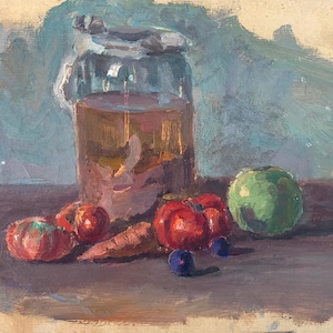 Bodegón con comida Pintura al óleo antigua original arte soviético artista ucraniano Sokolovsky G. 24-34 década de 1970