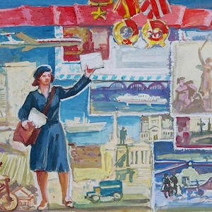 Soviética cartero de la granja colectiva de Antigüedades de la pintura al óleo original del realismo Socialista Soviética de arte de ucrania