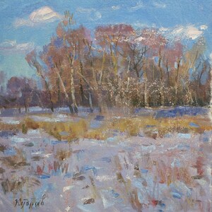 Paisagem do inverno Pintura a óleo antiga Arte soviética original Artista ucraniano Kudryavtsev L.K. 45-44 1970