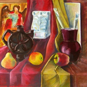 Ainda de vida com alimentos Antiga da pintura a óleo originais de arte Soviética ucraniana artista 40-50