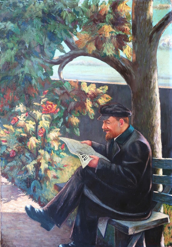 Vladimir Lenin Large Male Portrait Antique Oil Painting Original