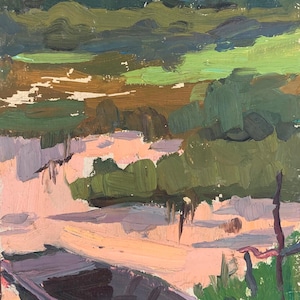 Pintura de verano Río Paisaje rural Impresionismo  al óleo antigua Arte soviético original Artista ucraniano Sokolovsky G. 30-17 Años 70