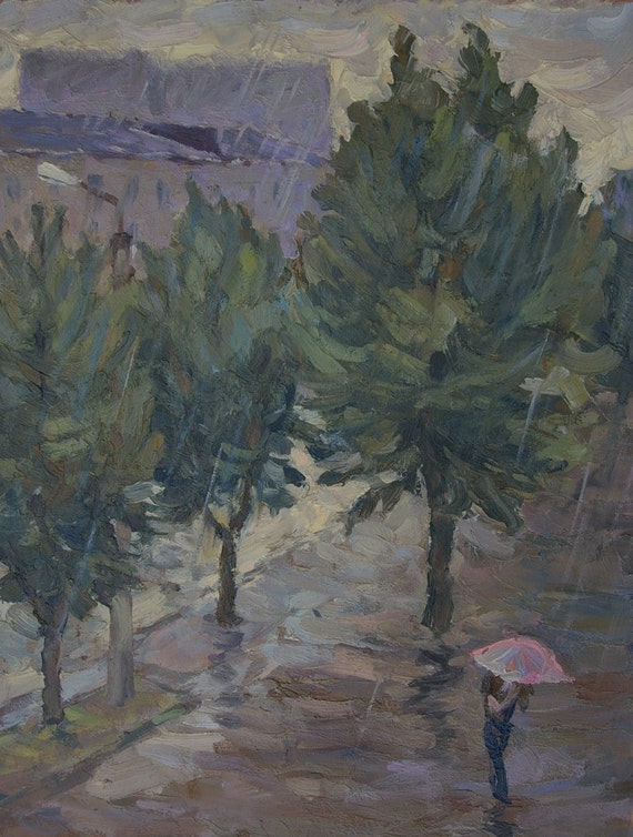 Original Impressionism Oil Painting: "Rain" Ukrainian Forest Landscape