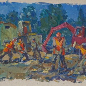 fazenda coletiva Soviética trabalhador Antiga da pintura a óleo original realismo Socialista Soviético arte ucraniana artista Bondarenko S.