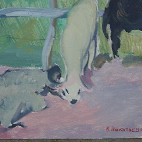 Collective farm Soviet worker Antique oil painting original Socialist shops realism Soviet art Ukrainian artist Pokataeva N. 31-48 1975