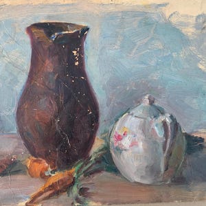 Natureza morta com comida Pintura a óleo antiga, arte soviética original, artista ucraniano Sokolovsky G. 24-30, década de 1960
