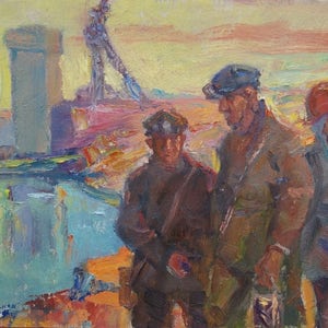 paisagem industrial construção de fábricas de Antiguidades, pintura a óleo original realismo Socialista Soviético arte ucraniana artista