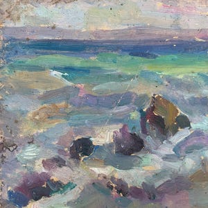 Paisaje marino, paisaje acuático, pintura al óleo antigua, arte soviético original, artista ucraniano Sokolovsky G.17-15, década de 1960
