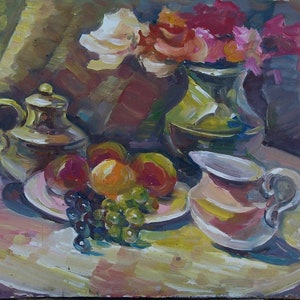 Morta com flores e com de alimentos Antiga da pintura a óleo originais de arte Soviética ucraniana artista Romanyuk 46-64 1996