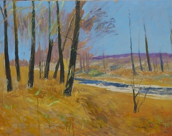 Autumn Impressionism Landscape Painting, Ukrainian Art, 1980s Oil on Canvas