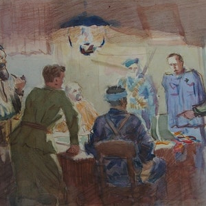 Battaglia pittura militare Sovietica riunione Antico dipinto ad olio originale realismo Socialista Sovietica d'arte artista ucraino 22-33.5