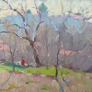 Pintura antiga de paisagem rural, arte soviética original, artista ucraniano Sokolovsky G. 21-28 1963