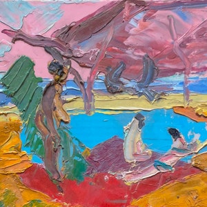 Impressionismo Rio pintura paisagem Pintura a óleo antigo original Arte soviética Artista ucraniano Popinova G. 12.5-14.5 1990