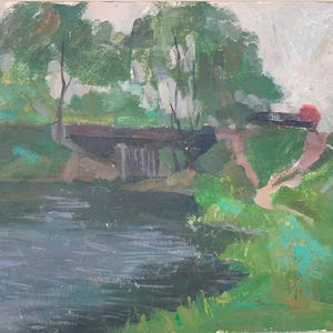 Pintura de Verão Rio Paisagem rural  Pintura a óleo antiga Arte soviética original Artista ucraniano Sokolovsky G. 40-50 anos 70