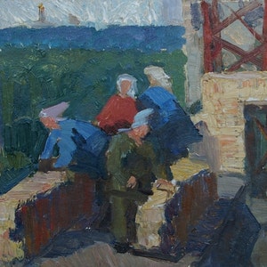 paisagem industrial construção de fábricas de Antiguidades, pintura a óleo original realismo Socialista Soviético arte ucraniana artista