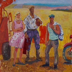 fazenda coletiva kolkhoz Antiga da pintura a óleo original realismo Socialista Soviético arte ucraniana artista Gorshkov N. 35-40 anos 1970