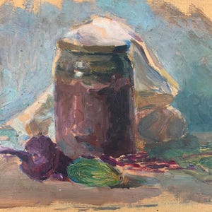Bodegón con comida Pintura al óleo antigua original arte soviético artista ucraniano Sokolovsky G. 24-34 década de 1960
