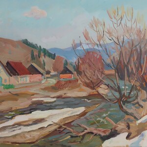 Pintura de outono Paisagem rural Impressionismo Pintura a óleo antiga arte soviética original Artista ucraniano Kozik V.G. 50-69,5 1980