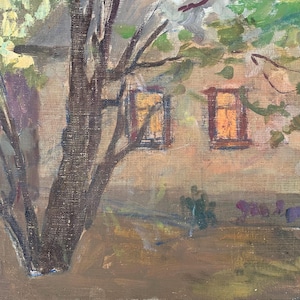 Pintura antigua de paisaje rural original de arte soviético del artista ucraniano Sokolovsky G. 35-50 años 1970