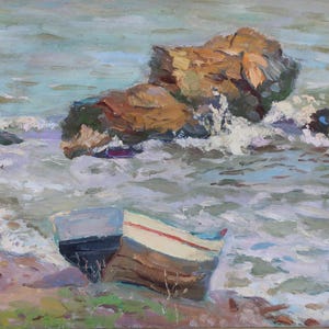 Paisagem marinha, paisagem aquática, pintura a óleo antiga, original, realismo socialista, arte soviética, artista ucraniano Sokolovsky G.