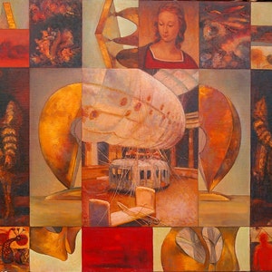 May include: A colourful abstract painting with a grid of nine squares. The painting features a variety of shapes, colours, and textures, including a woman's face, a hot air balloon, and a cityscape. The painting is done in a style that is both realistic and abstract.