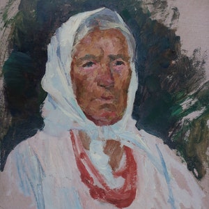 Retrato Avó velha retrato Antigo de pintura a óleo original realismo Socialista Soviético arte ucraniana artista Balykov Y. 44-40 1976