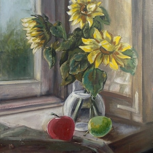 Ainda-vida com flores e comida Antiga da pintura a óleo originais de arte Soviética ucraniana artista 50-40