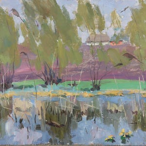 Pintura de paisagem de rio impressionista Pintura a óleo antiga Arte soviética original Artista ucraniano Sokolovsky G. 28-45 1970