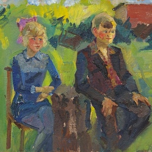 Retrato menina criança de Antiguidades, pintura a óleo original realismo Socialista Soviético arte ucraniana artista Balykova E. 38.5-44