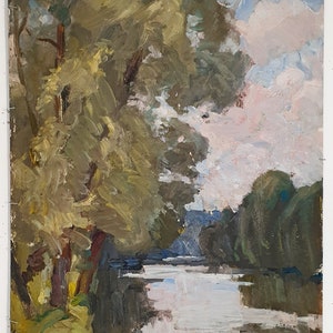 Paisagem da pintura do rio Pintura a óleo antiga original Realismo socialista Arte soviética Artista ucraniano Korzh V.D. 51-34 (Ígor)