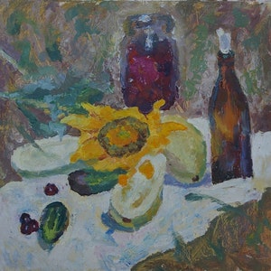 Ainda de vida com alimentos Antiga da pintura a óleo originais de arte Soviética ucraniana artista Smirnov 50-52.5 de 1970