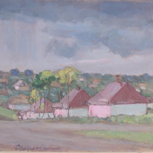Paisagem rural Impressionismo Pintura a óleo antiga Arte soviética original Artista ucraniano Sokolovsky G.S. 23-33 década de 1970