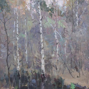 Pintura de paisagem Impressionismo Paisagem florestal Cenário de bosque Arte soviética original Artista ucraniano Sokolovsky G.G. 49-35 1974