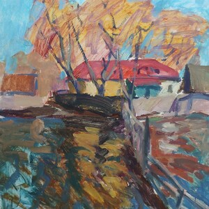 Pintura de outono Paisagem rural Impressionismo Pintura a óleo antiga arte soviética original Artista ucraniano Kozik V.G. 49,5-39,5 1980