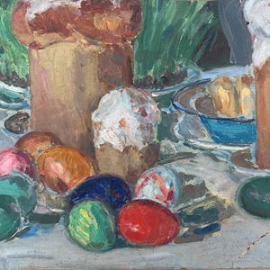Bodegón con comida Pintura al óleo antigua original arte soviético artista ucraniano Sokolovsky G. 24-35 años 1970