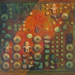 May include: A painting depicting a wooden board with an assortment of objects arranged upon it. These include small dolls, round wooden discs, green and blue stones, and other small trinkets. The background is a blend of orange, brown, and green.