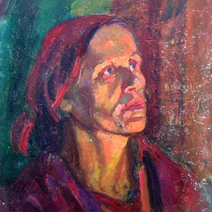 Retrato Avó Retrato de mulher idosa Pintura a óleo antiga original Realismo socialista Arte soviética Artista ucraniano Sokolovsky G.
