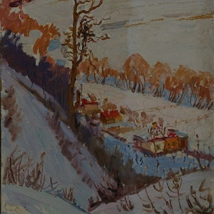 Inverno, Paisagem, paisagem de Montanha Antiga da pintura a óleo originais de arte Soviética ucraniana artista