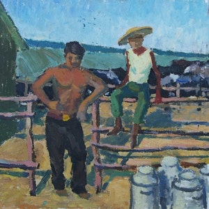 Soviética shorses vacas fazenda coletiva de Antiguidades, pintura a óleo original realismo Socialista Soviético arte ucraniana artista