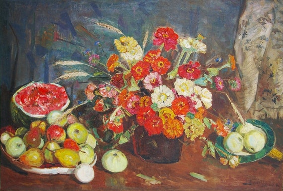生花と食のアンティーク油絵独自のソウクライナ芸術家Sharkevich V.87