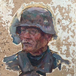 Dipinto di battaglia Ritratto di soldato delle forze armate  antico originale Arte sovietica Artista ucraino Sokolovsky G. 15-14 Anni '70