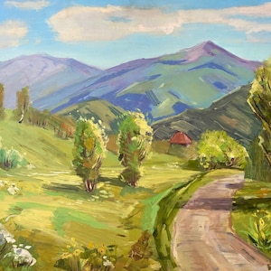 Paisagem de montanha Pintura a óleo antiga Arte soviética original Artistas ucranianos Brenzovich V.V. 60-80 1970