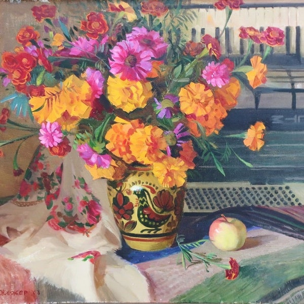 Todavía vida con las flores y con alimentos de Antigüedades de la pintura al óleo original de arte Soviética de ucrania artista Zhezher A.