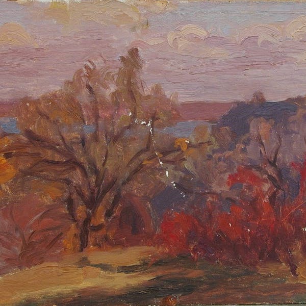 Landscape painting Impressionism Autumn landscape Antique oil painting original Soviet art Ukrainian artist Borisenko S.T. 35-49 1970s