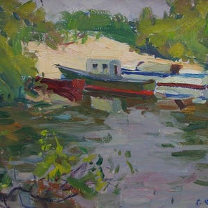 Rio de pintura de paisagem Antiga da pintura a óleo original realismo Socialista Soviético arte ucraniana artista Minsky G. 35-50 1965