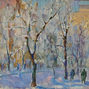 Pintura de paisagem Impressionismo paisagem de Inverno de Antiguidades, pintura a óleo originais de arte Soviética ucraniana artista Zaruba